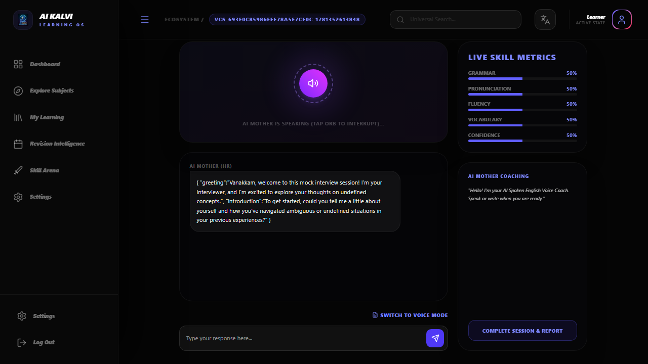 AI Kalvi Voice AI coaching spoken English with live skill metrics